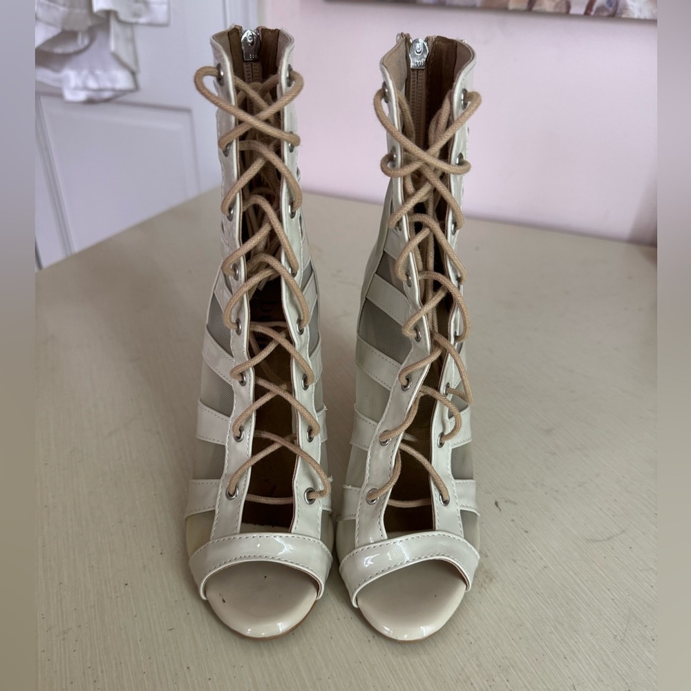 Burju Tempest Patent Mesh Cut Out Stiletto Ankle Boots (Dance Heels)